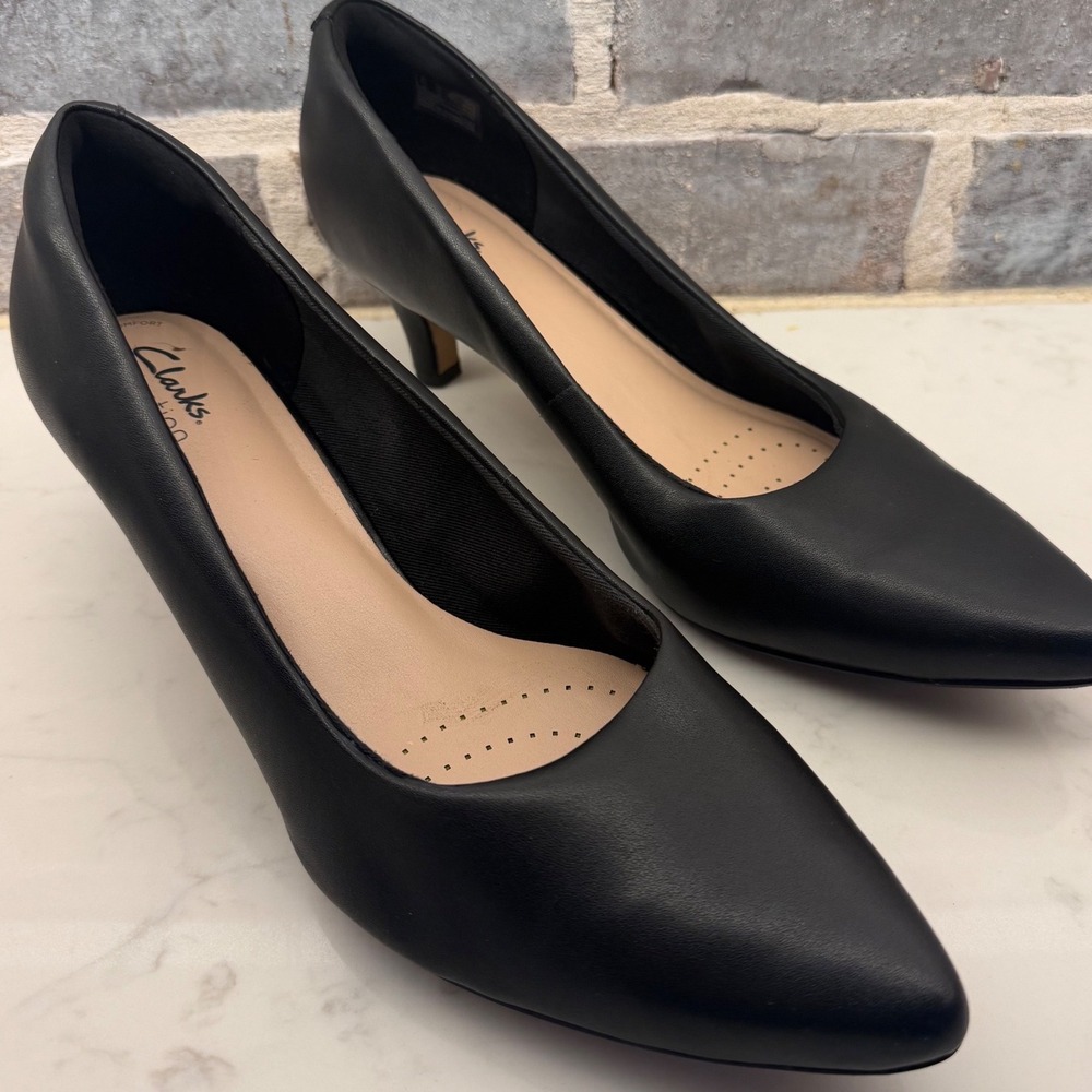Clarks Linvale Jerica Black Leather Pointed Toe Kitten Heel Pumps Womens 11 Wide